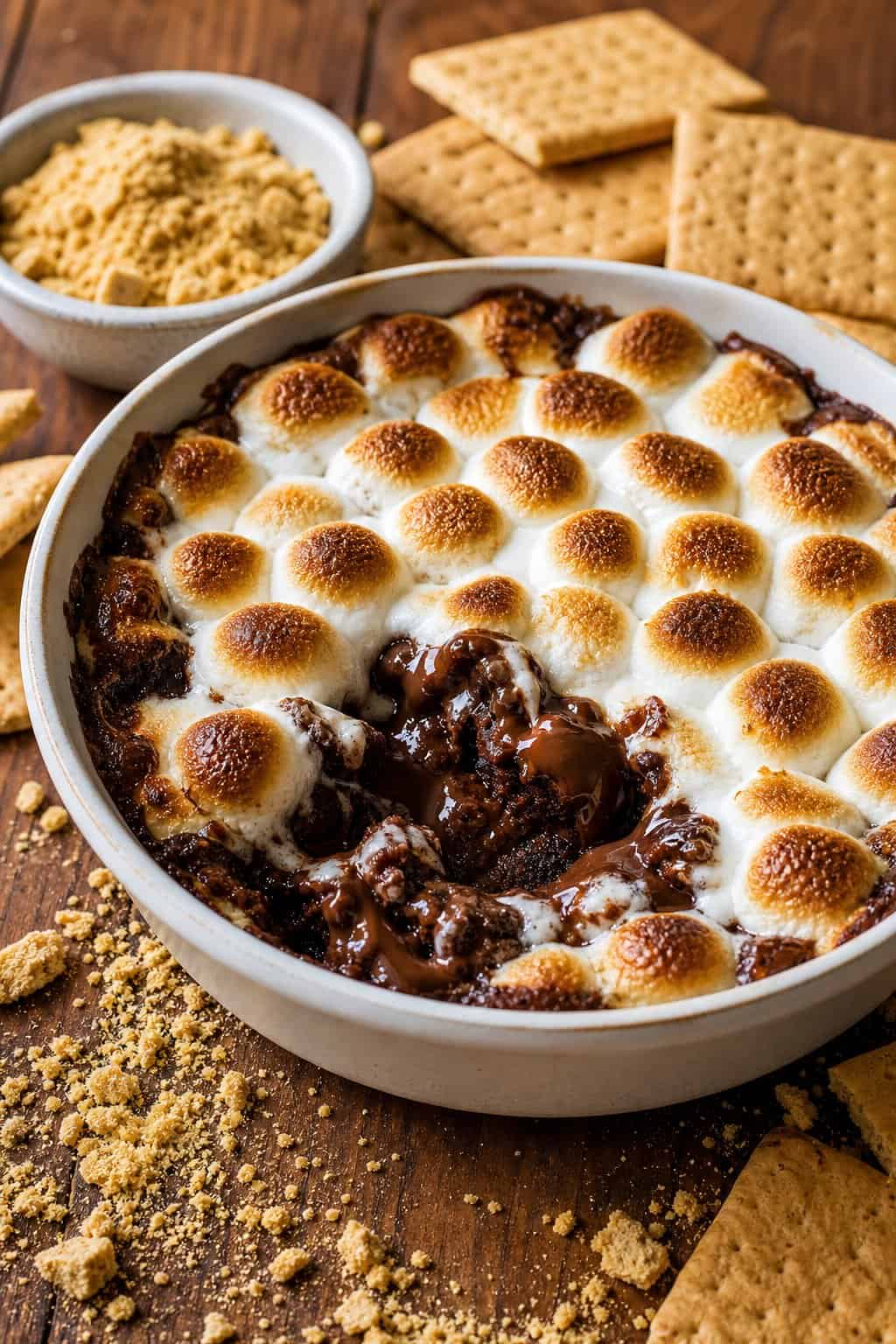 22 Recipes That Start With Brownie Mix 14 A bowl of gooey brownie s'mores dip topped with toasted marshmallows, surrounded by graham cracker crumbs and whole graham crackers on a wooden table.