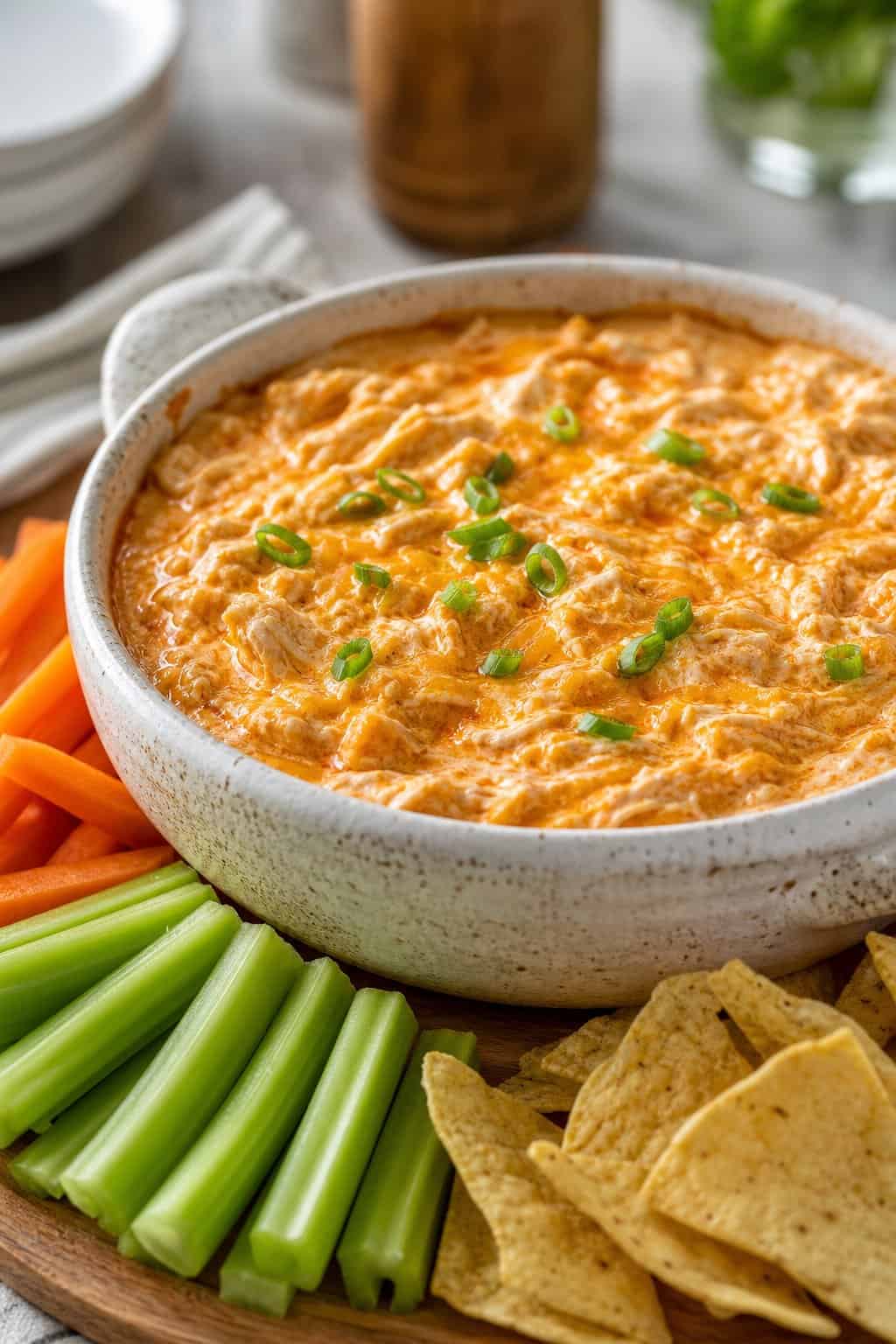 A bowl of creamy buffalo chicken dip with shredded chicken, surrounded by celery sticks, carrot sticks, and tortilla chips on a wooden board.