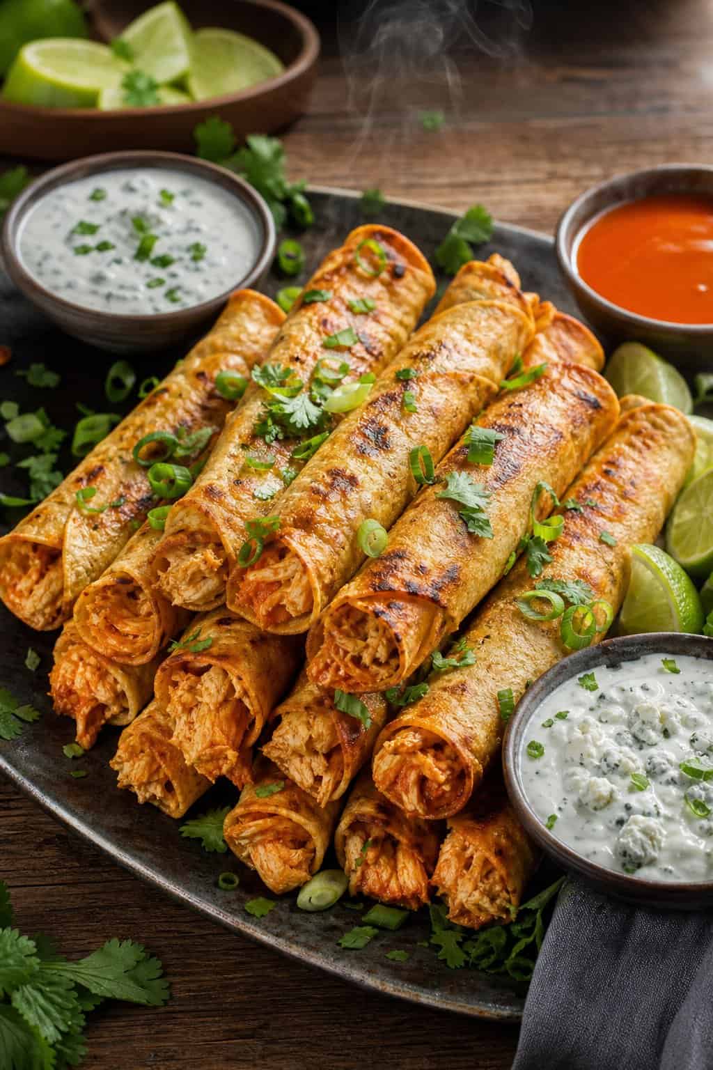 A platter of crispy buffalo chicken taquitos with dipping sauces and garnishes on a wooden table.