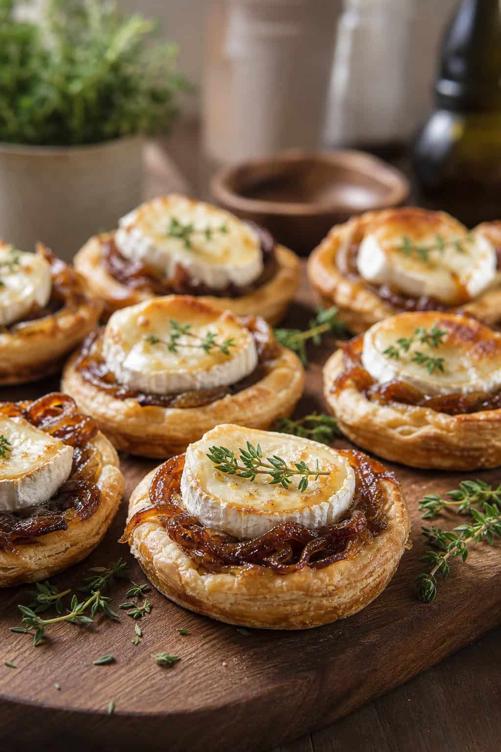 Several caramelized-onion and goat cheese tarts arranged on a wooden board with fresh herbs.