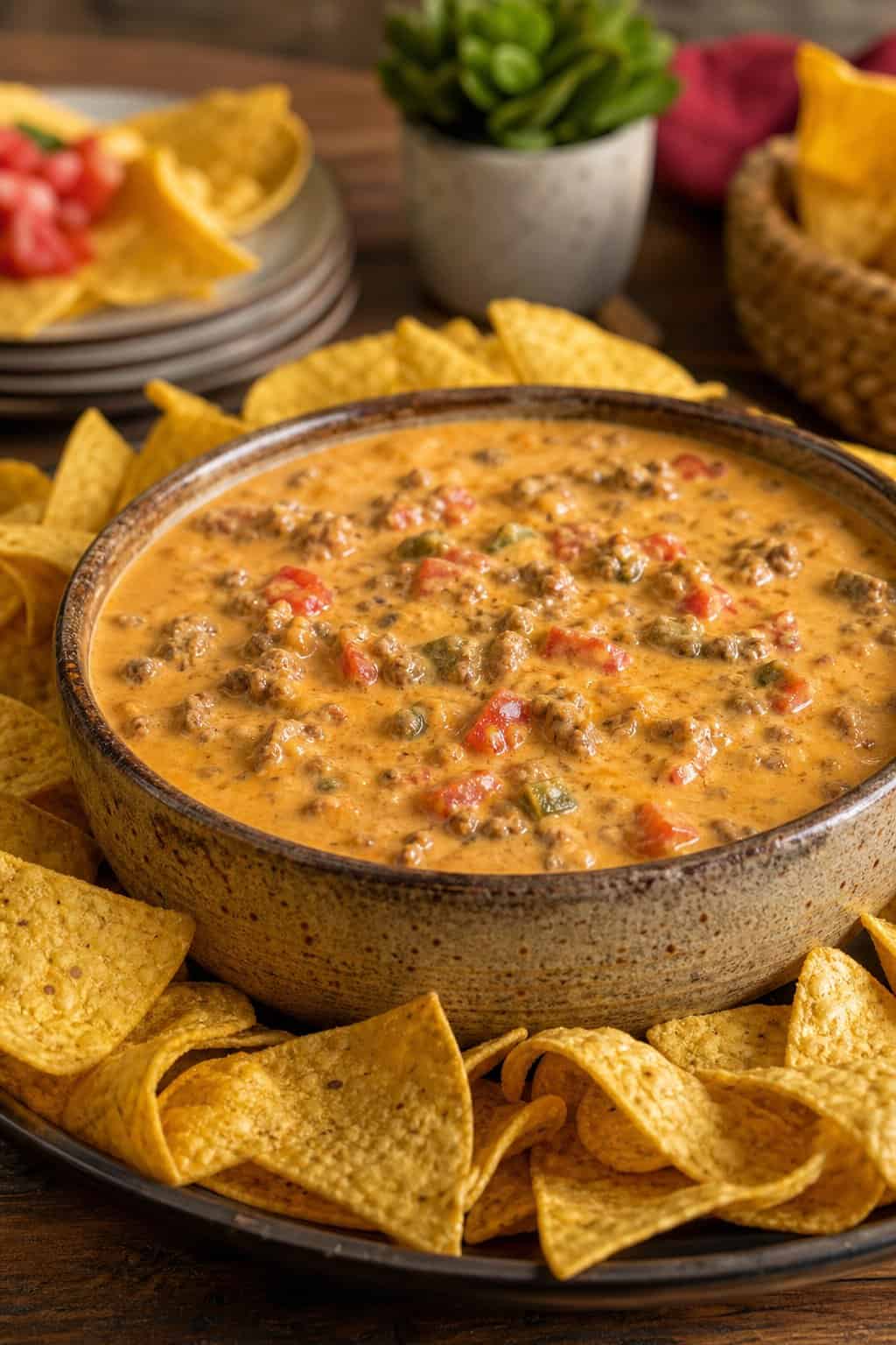 A bowl of cheesy chili con queso with ground beef and diced tomatoes surrounded by tortilla chips on a wooden table.