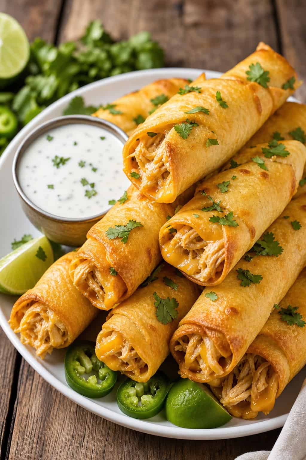 A plate of crispy cheesy ranch chicken taquitos with a bowl of ranch dipping sauce on a wooden table.