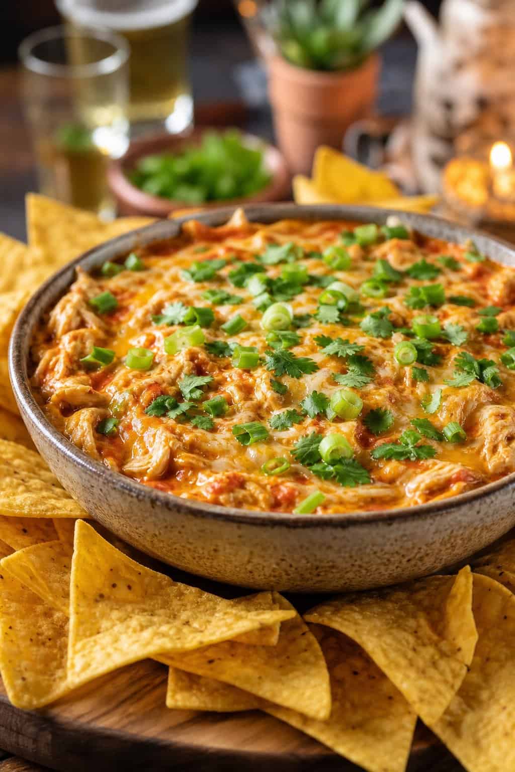 A bowl of chicken enchilada dip with shredded chicken and enchilada sauce, garnished with cilantro and green onions, surrounded by tortilla chips on a wooden board.