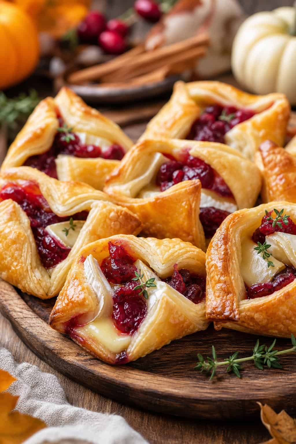 Close-up of golden cranberry brie puff pastry bites on a wooden board with a festive table setting in the background.