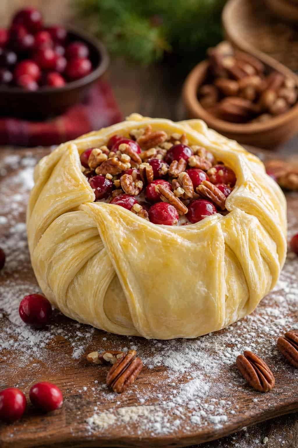 A wrapped cranberry-pecan baked brie in puff pastry on a wooden board with cranberries and pecans around it.
