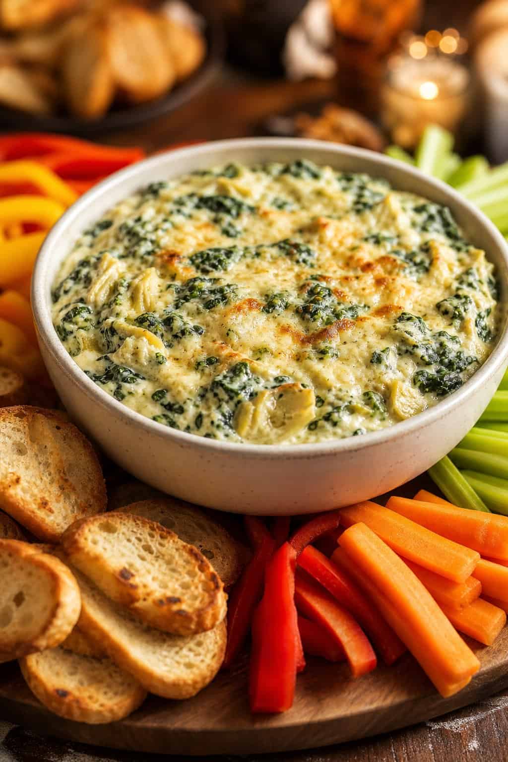 A bowl of creamy spinach-artichoke dip with vegetable sticks and toasted bread slices on a wooden board.