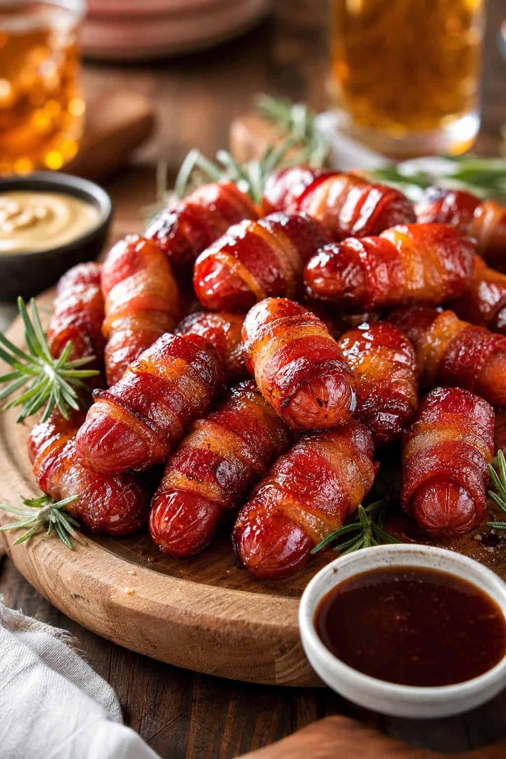 A platter of bacon-wrapped little smokies glazed with maple syrup, garnished with rosemary and served with dipping sauces.