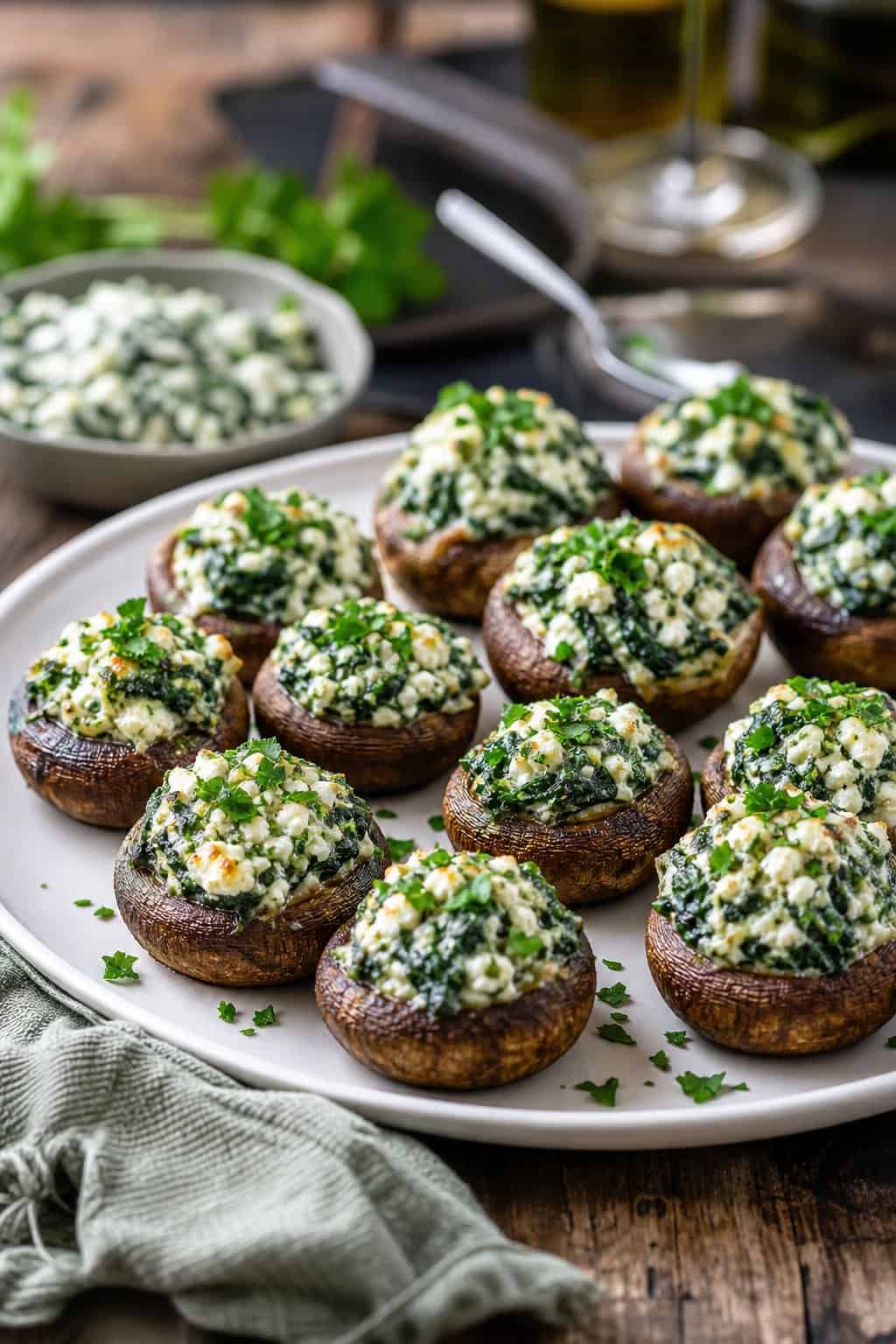 A plate of spinach and feta stuffed mushrooms on a wooden table with garnish and a serving spoon nearby.