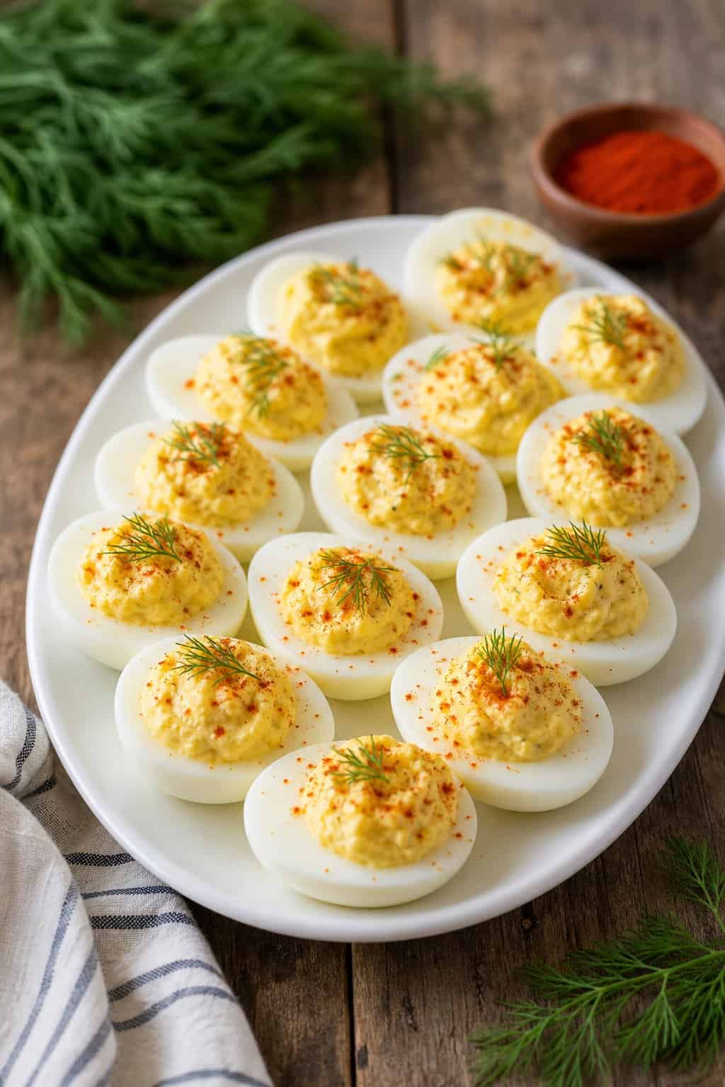 A platter of deviled eggs garnished with dill and paprika on a white dish on a wooden table.