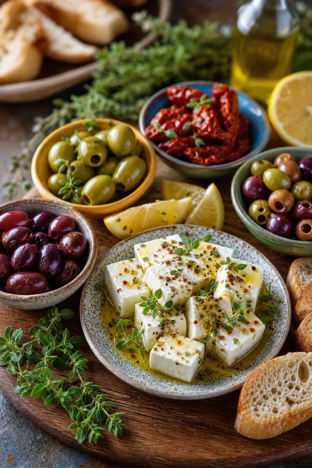 A Greek mezze platter with marinated feta cheese, olives, bread slices, and fresh herbs arranged on a wooden board.