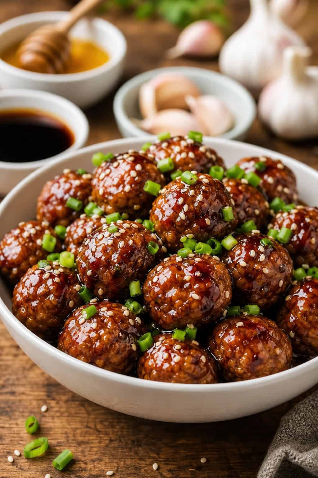 A bowl of honey-garlic cocktail meatballs garnished with green onions and sesame seeds on a wooden table.
