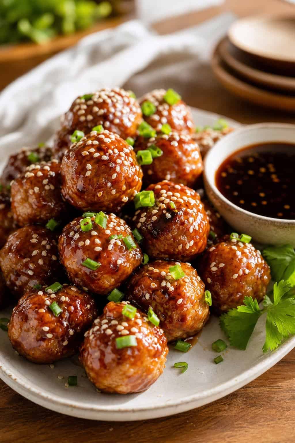 A platter of honey-sesame meatballs with a bowl of dipping sauce on a table.