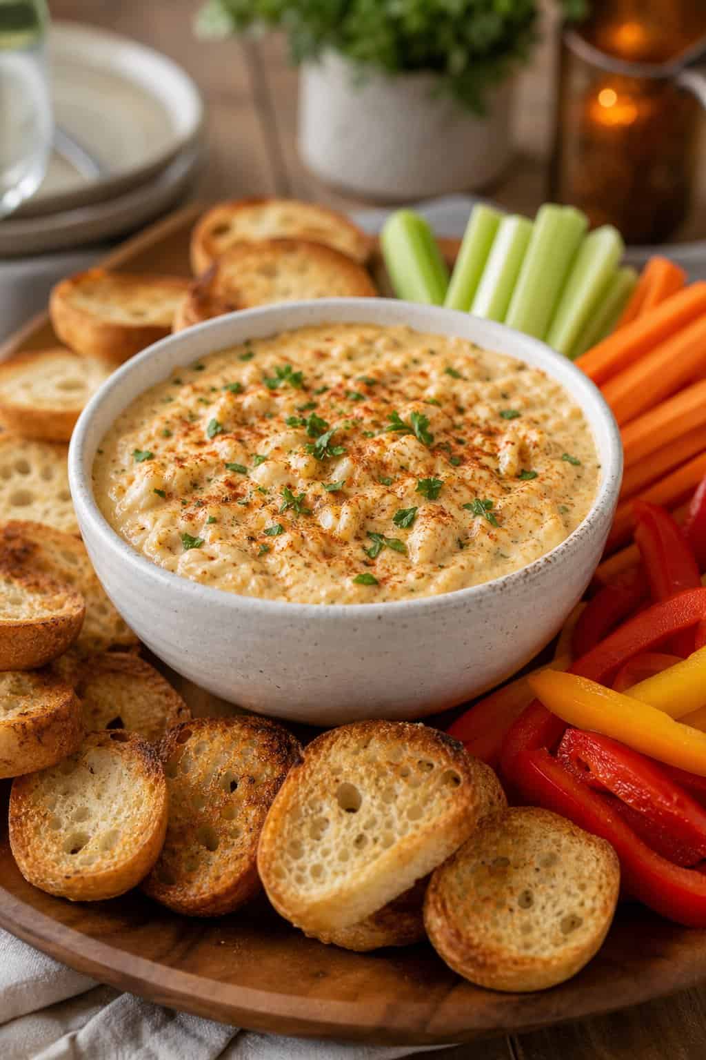 A bowl of hot crab dip garnished with seasoning and herbs, surrounded by toasted bread slices and vegetable sticks on a wooden board.