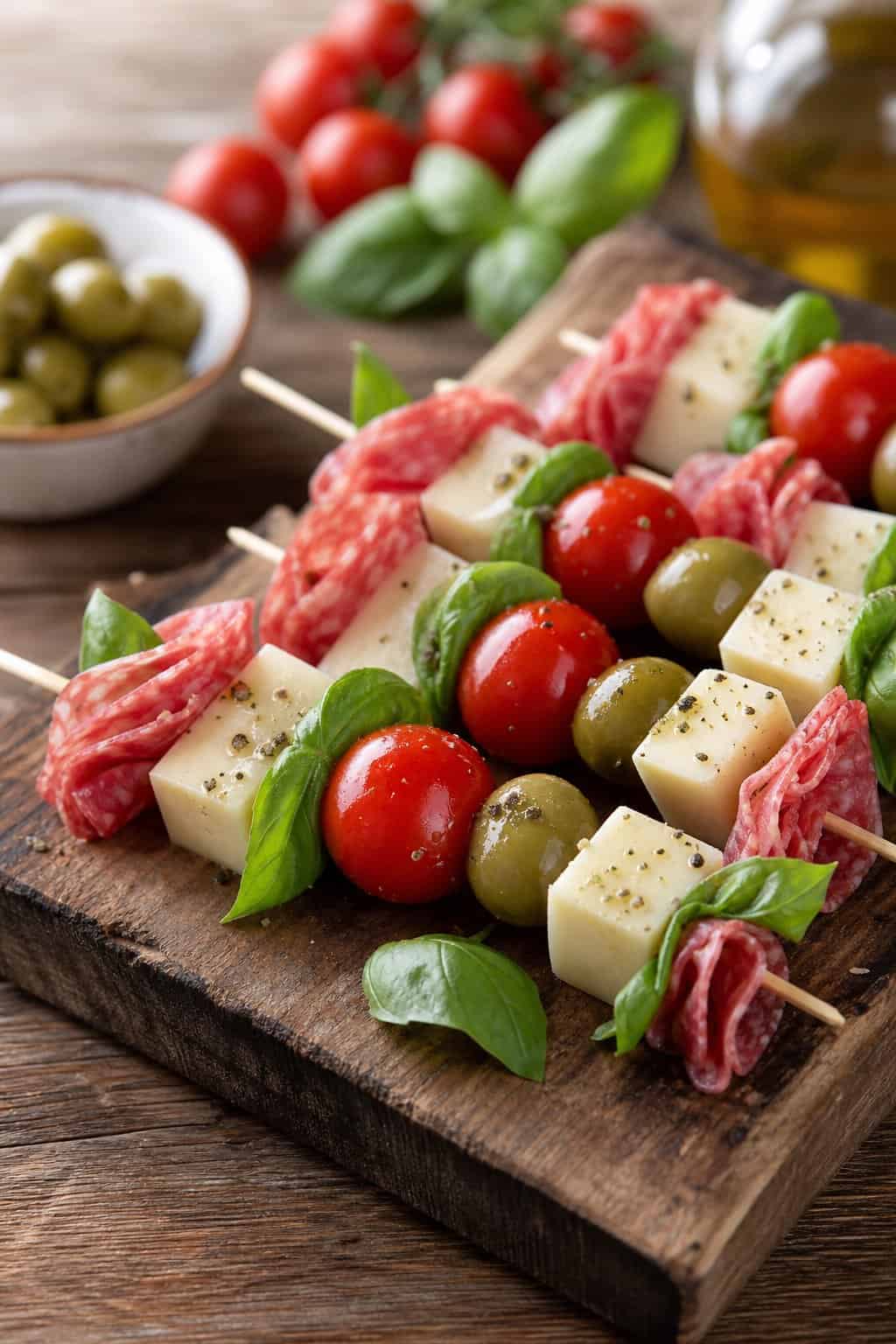 Close-up of Italian antipasto skewers with salami, provolone cheese, cherry tomatoes, olives, and basil on a wooden board.