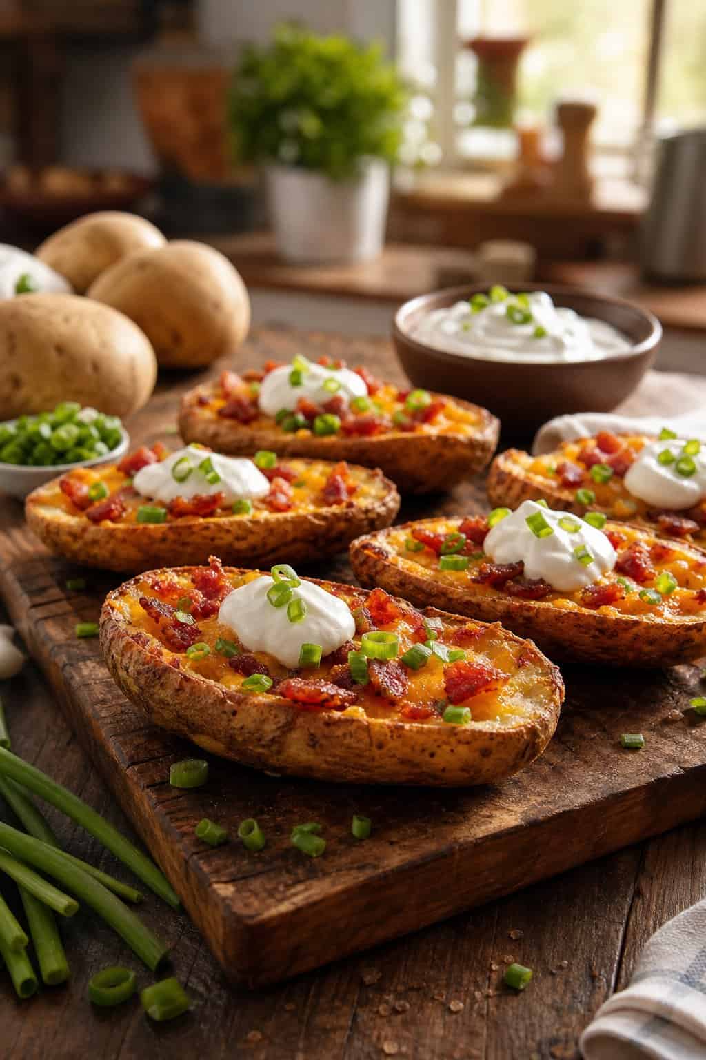 A serving board with several loaded potato skins topped with cheese, bacon, green onions, and sour cream.