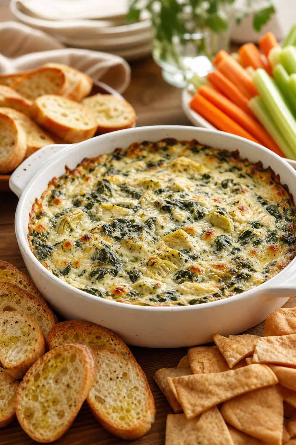 A baked spinach and artichoke dip in a white dish surrounded by bread slices and vegetable sticks on a wooden table.