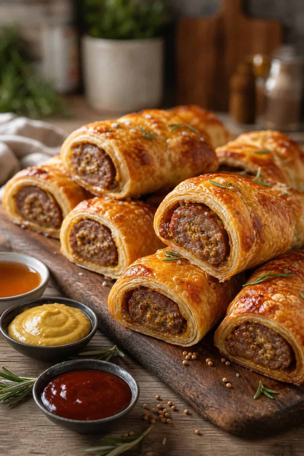 Close-up of maple-mustard BBQ sausage rolls on a wooden board with dipping sauces and garnishes.