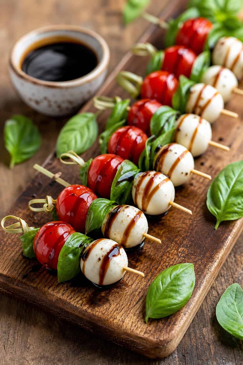 Mini Caprese skewers with cherry tomatoes, basil, and mozzarella on a wooden board with balsamic glaze.