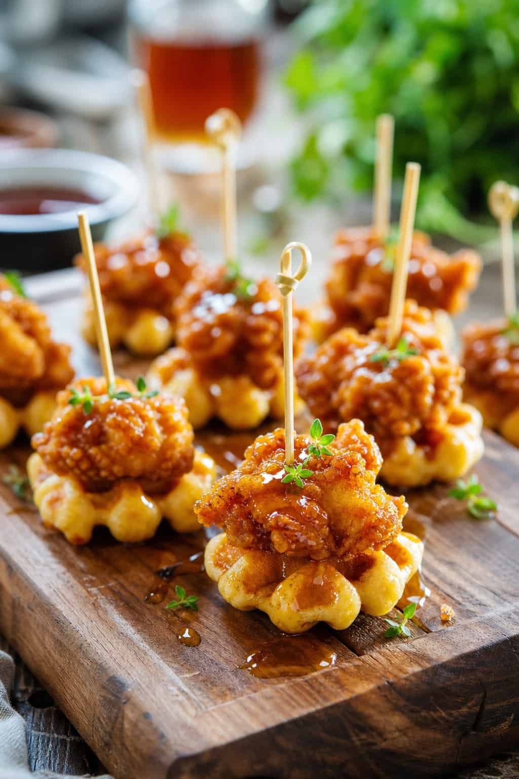 Close-up of mini chicken and waffle bites arranged on a wooden serving board with syrup drizzled on top.