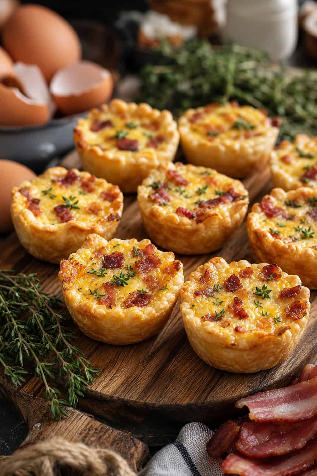 Close-up of mini Quiche Lorraine on a wooden board with fresh ingredients around, ready to serve.
