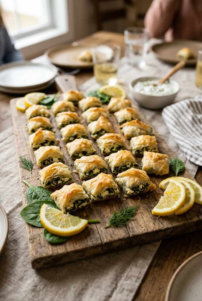 A wooden board with rows of golden-brown mini spanakopita in fluted phyllo shells, with visible dark green spinach filling, surrounded by fresh spinach leaves and lemon wedges.