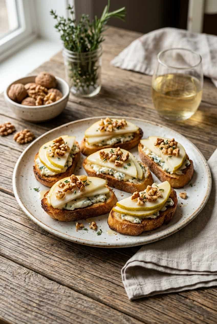Toasted baguette rounds on a wooden surface, each topped with a thin pear slice, a crumble of white-blue cheese, and chopped walnuts, with a light drizzle of honey visible.