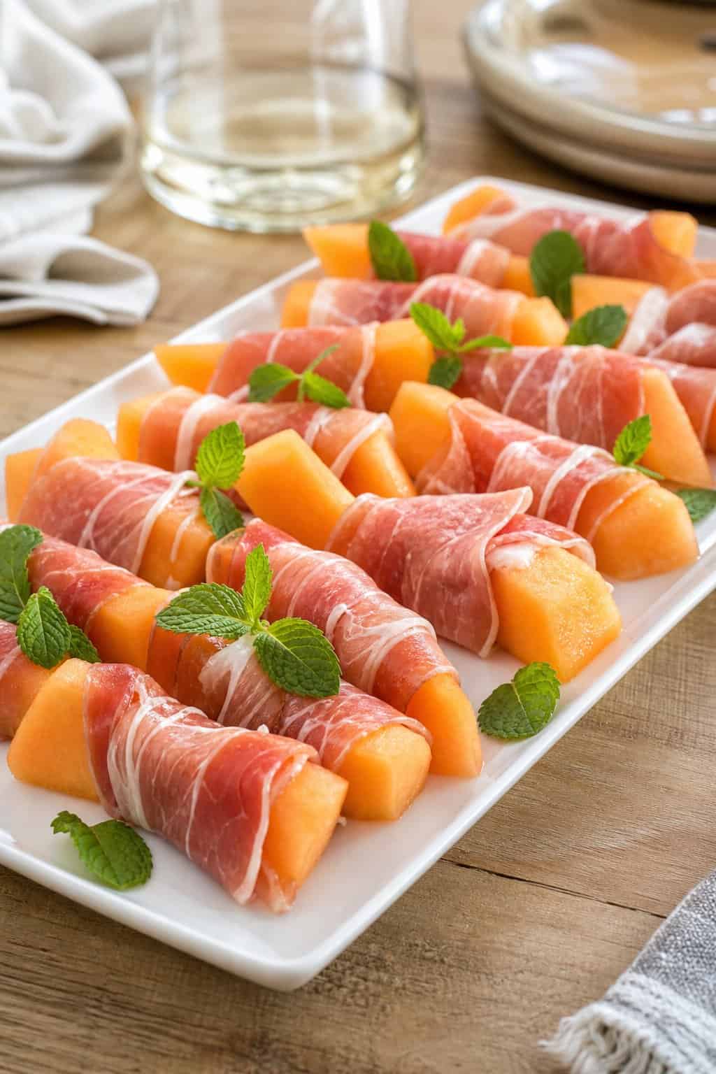 Close-up of prosciutto-wrapped melon bundles on a white platter with mint garnish on a wooden table.