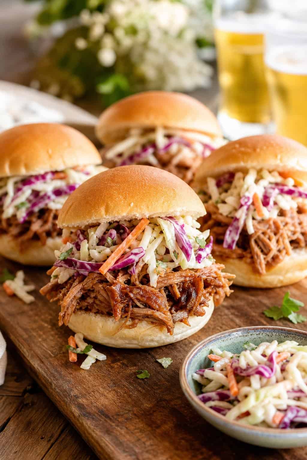 Close-up of pulled pork sliders topped with coleslaw on a wooden board with a bowl of coleslaw beside them.