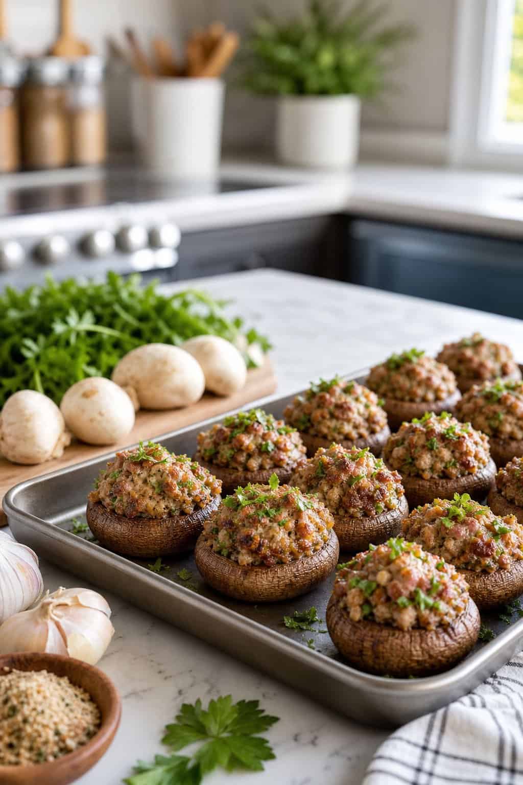 Tray of sausage-stuffed mushrooms on a kitchen countertop with fresh ingredients nearby.