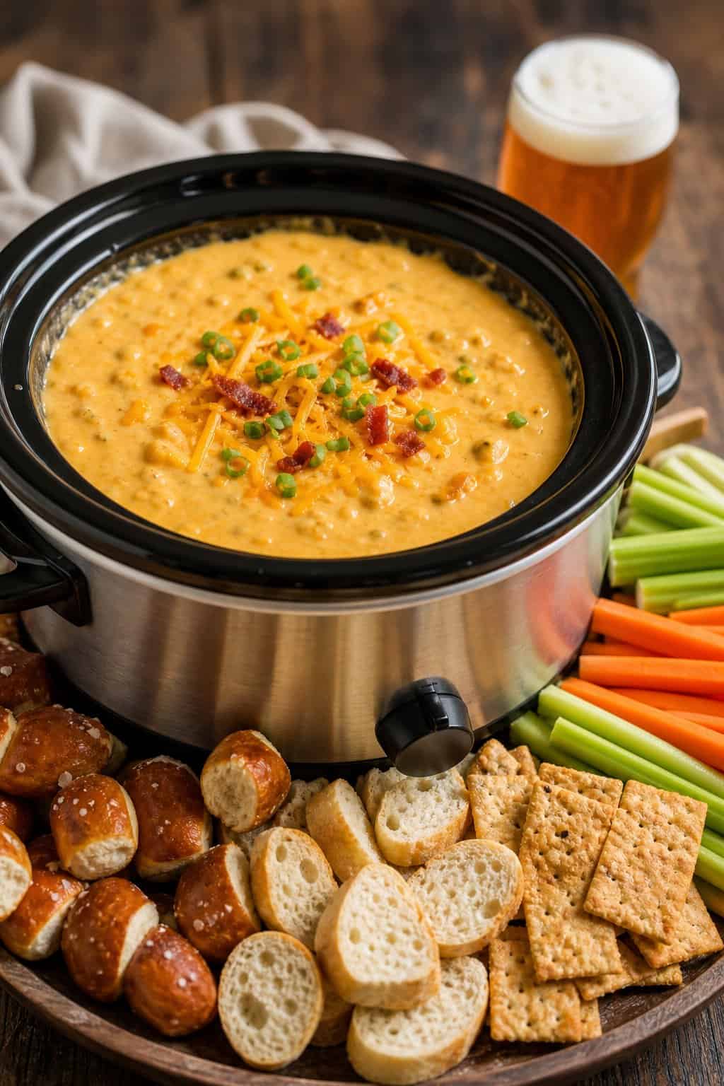 Slow cooker filled with creamy Bavarian beer cheese dip surrounded by pretzel bites, bread slices, vegetable sticks, and crackers on a wooden table with a glass of beer in the background.