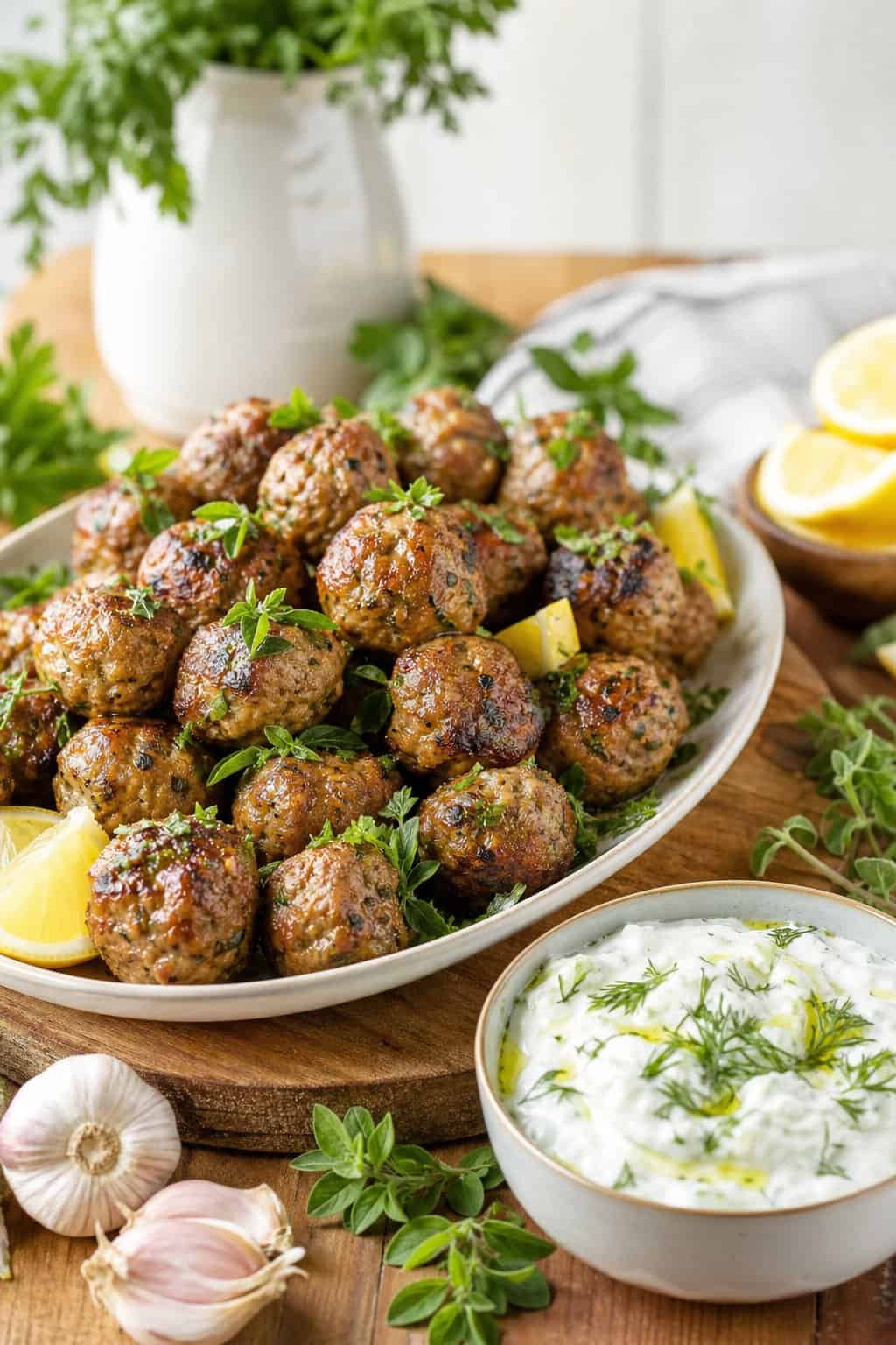 A platter of Greek meatballs with a bowl of tzatziki dip on a table surrounded by fresh herbs and lemon wedges.