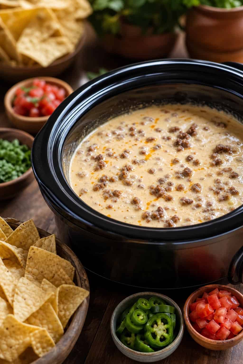 Slow cooker filled with creamy queso blanco and chorizo dip surrounded by bowls of tortilla chips and fresh toppings on a wooden table.