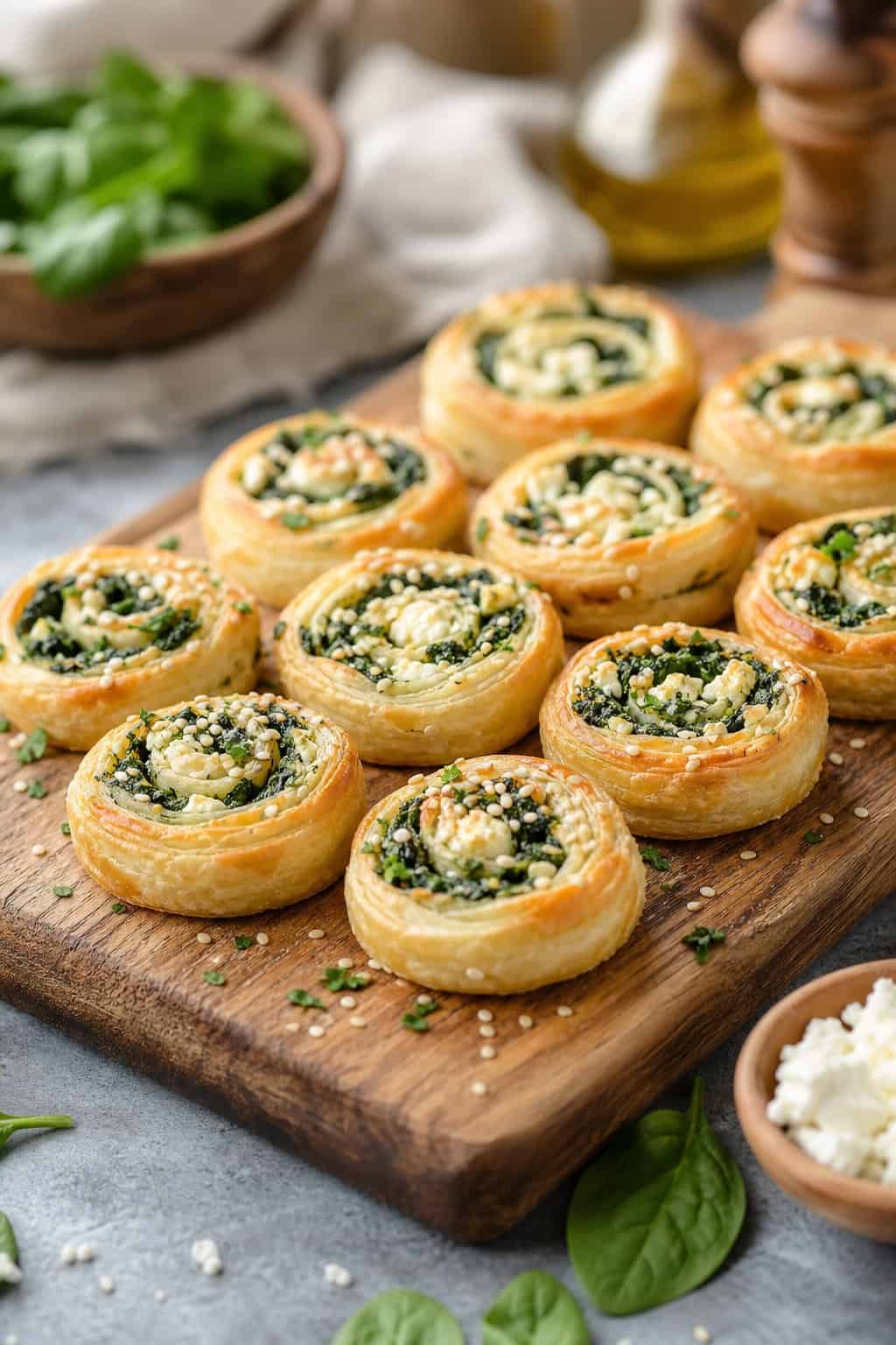 Close-up of golden puff pastry pinwheels filled with spinach and feta cheese arranged on a wooden board.