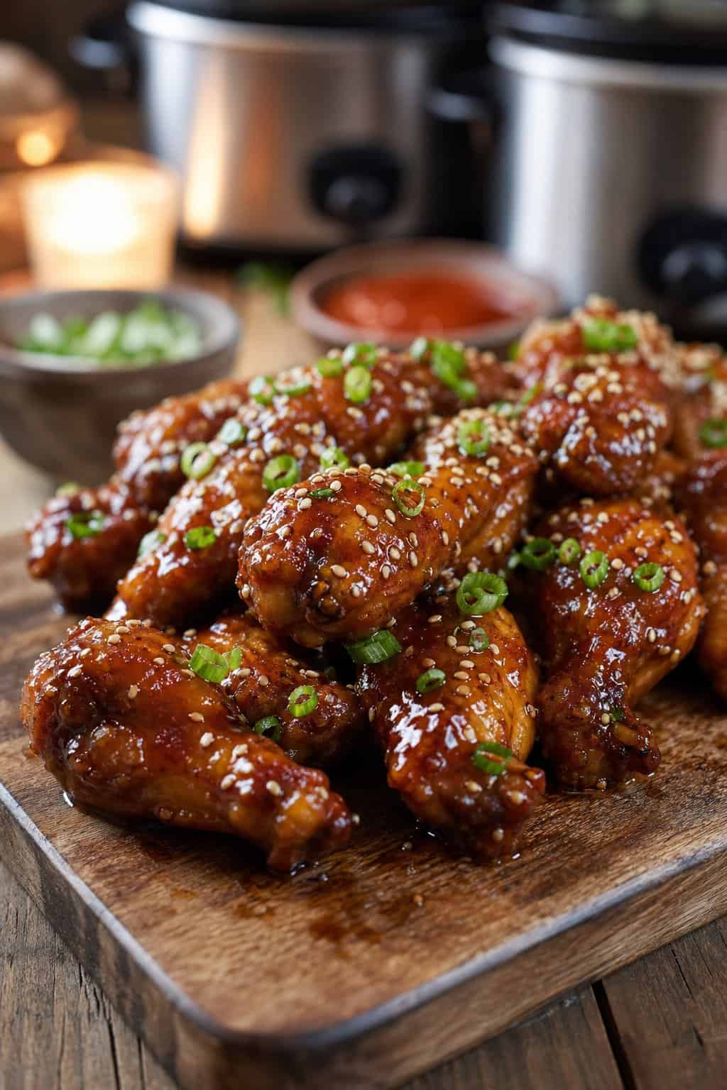 A plate of sticky teriyaki chicken wings garnished with green onions and sesame seeds on a wooden board, with blurred crock pot and dipping sauces in the background.