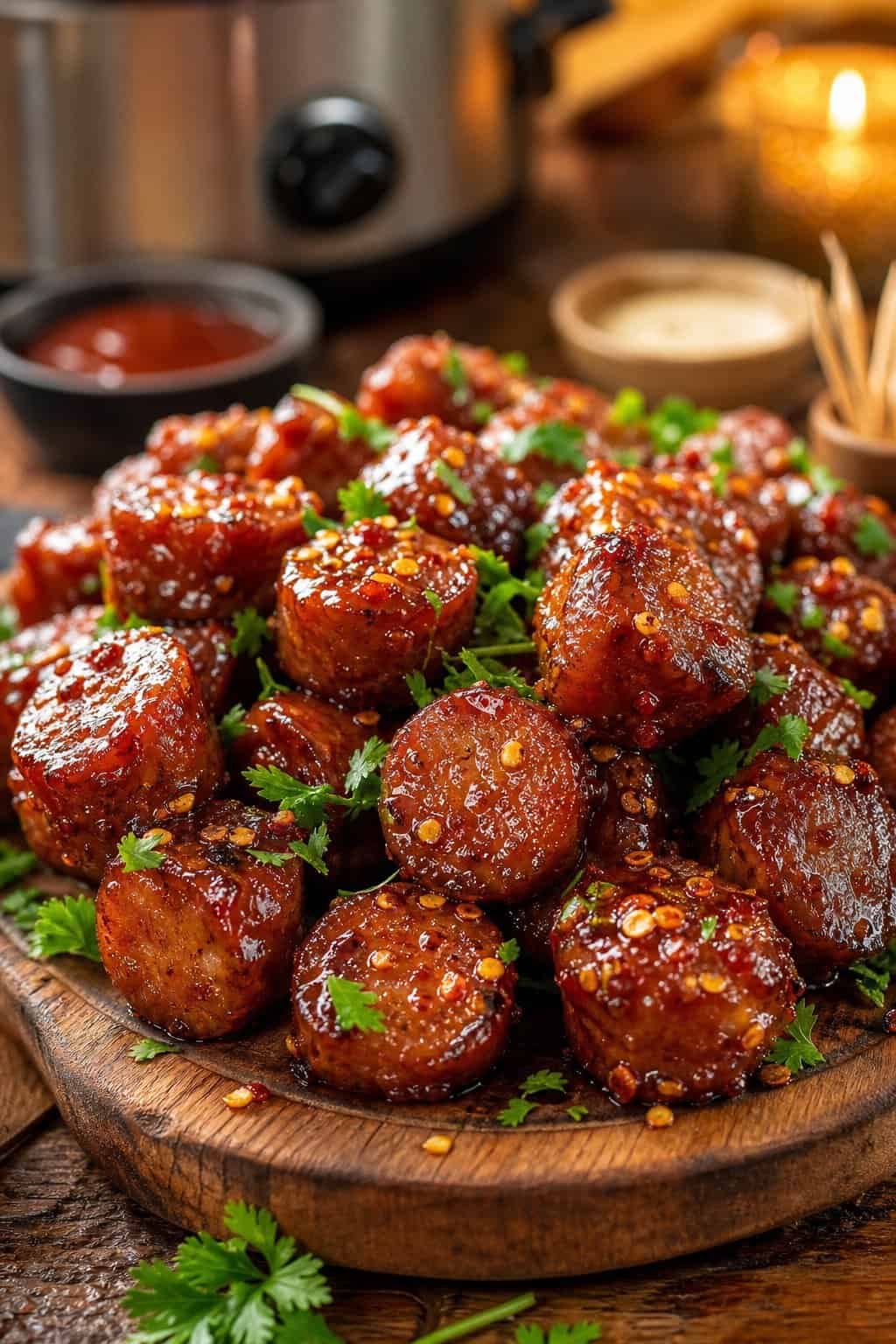 Close-up of glazed sausage bites sprinkled with red pepper flakes on a wooden serving platter, garnished with fresh herbs.