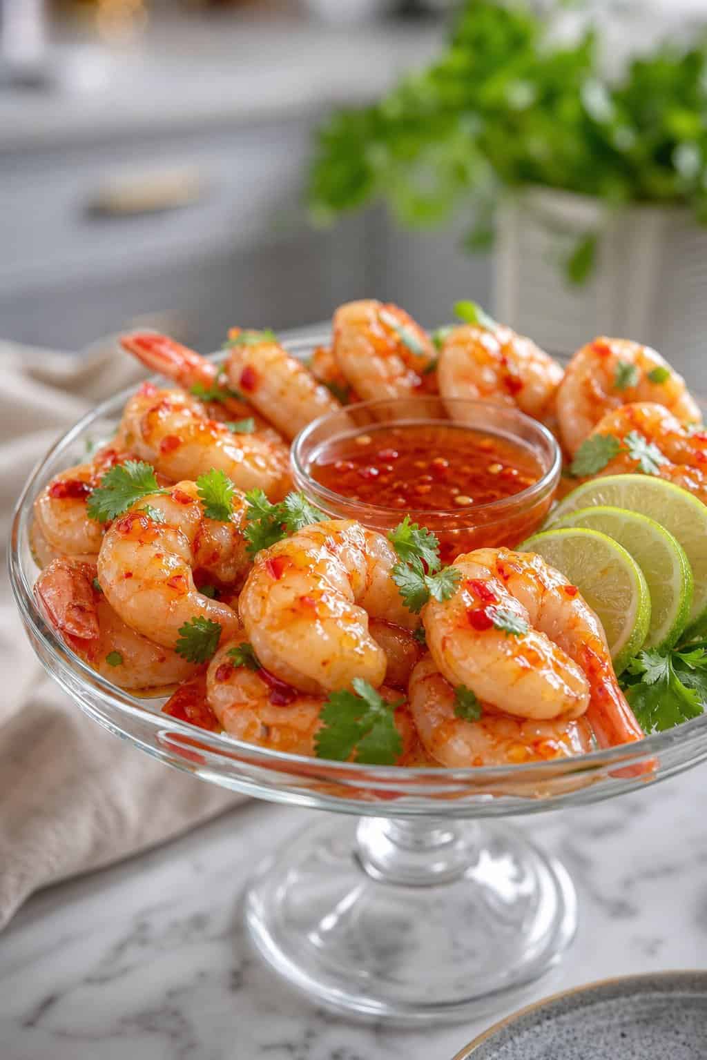 A glass dish filled with sweet chili shrimp arranged around a bowl of dipping sauce, garnished with fresh herbs and lime slices on a table.