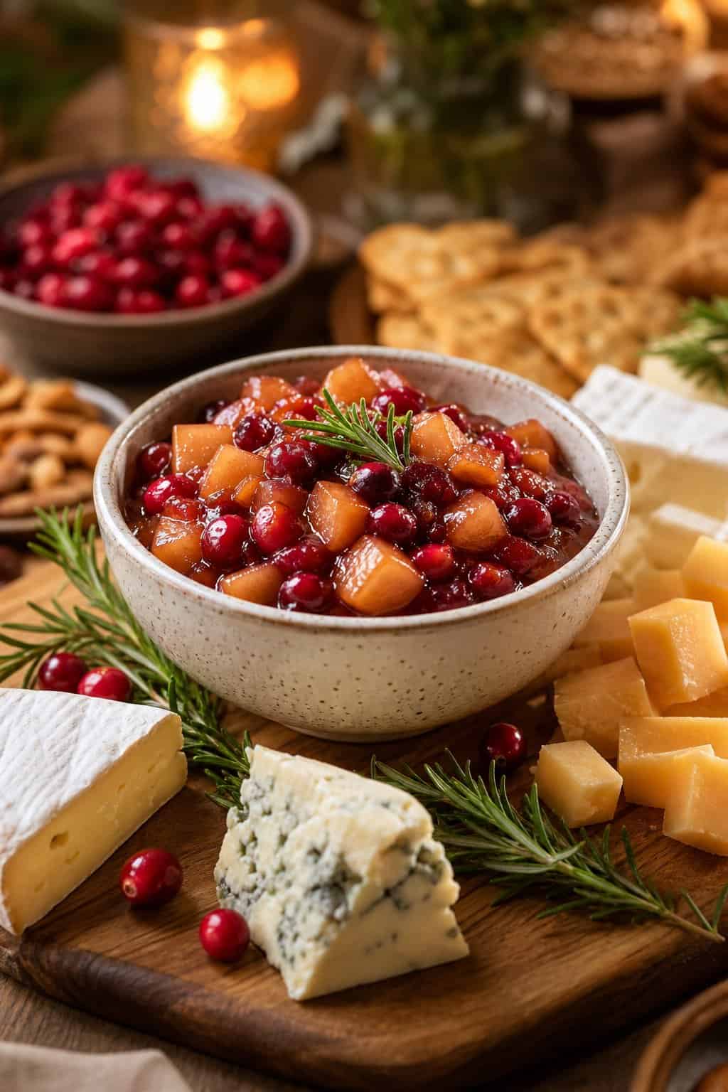 A bowl of warm apple-cranberry compote on a wooden cheese board with various cheeses, nuts, and crackers arranged around it.