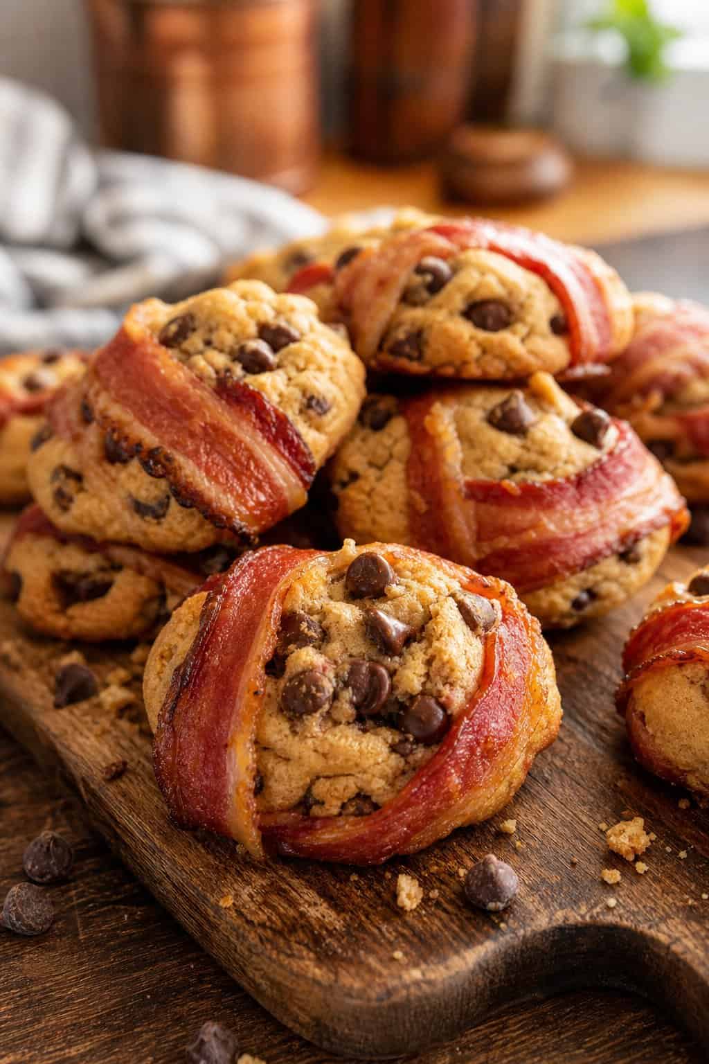 A close-up of bacon-wrapped chocolate chip cookies on a wooden board with melted chocolate chips and crispy bacon strips.
