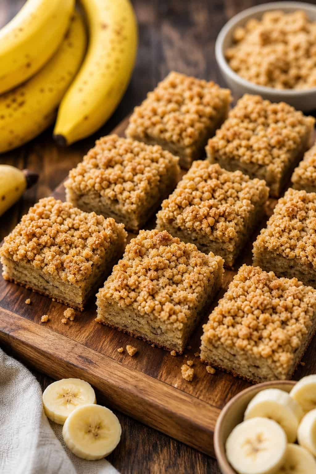 Freshly baked banana bread cookie bars with streusel topping arranged on a wooden board with ripe bananas nearby.
