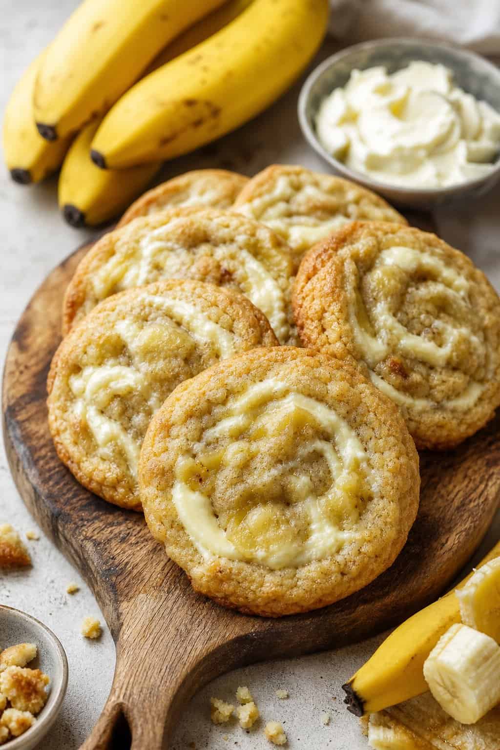 A close-up of freshly baked banana cream cheese swirl cookies on a wooden board with ripe bananas and cream cheese nearby.
