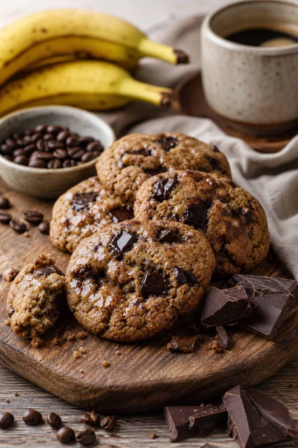 Close-up of banana dark chocolate espresso cookies on a wooden board with bananas, coffee beans, and pieces of dark chocolate nearby.