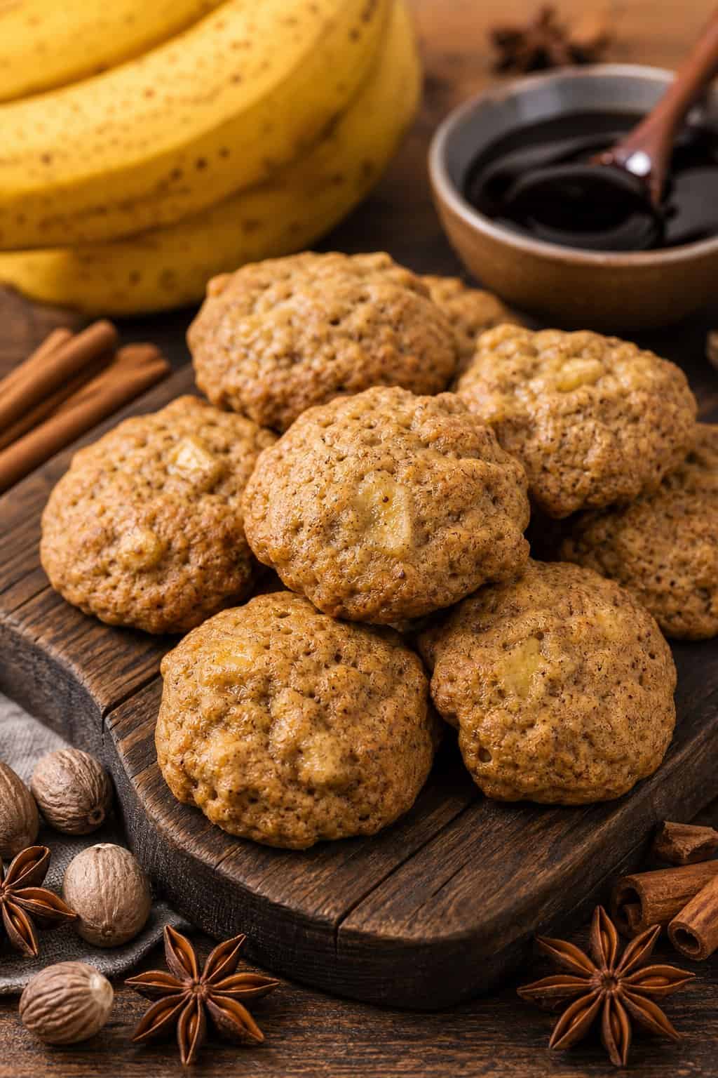 Freshly baked banana molasses spice drop cookies on a wooden board with bananas and spices around them.