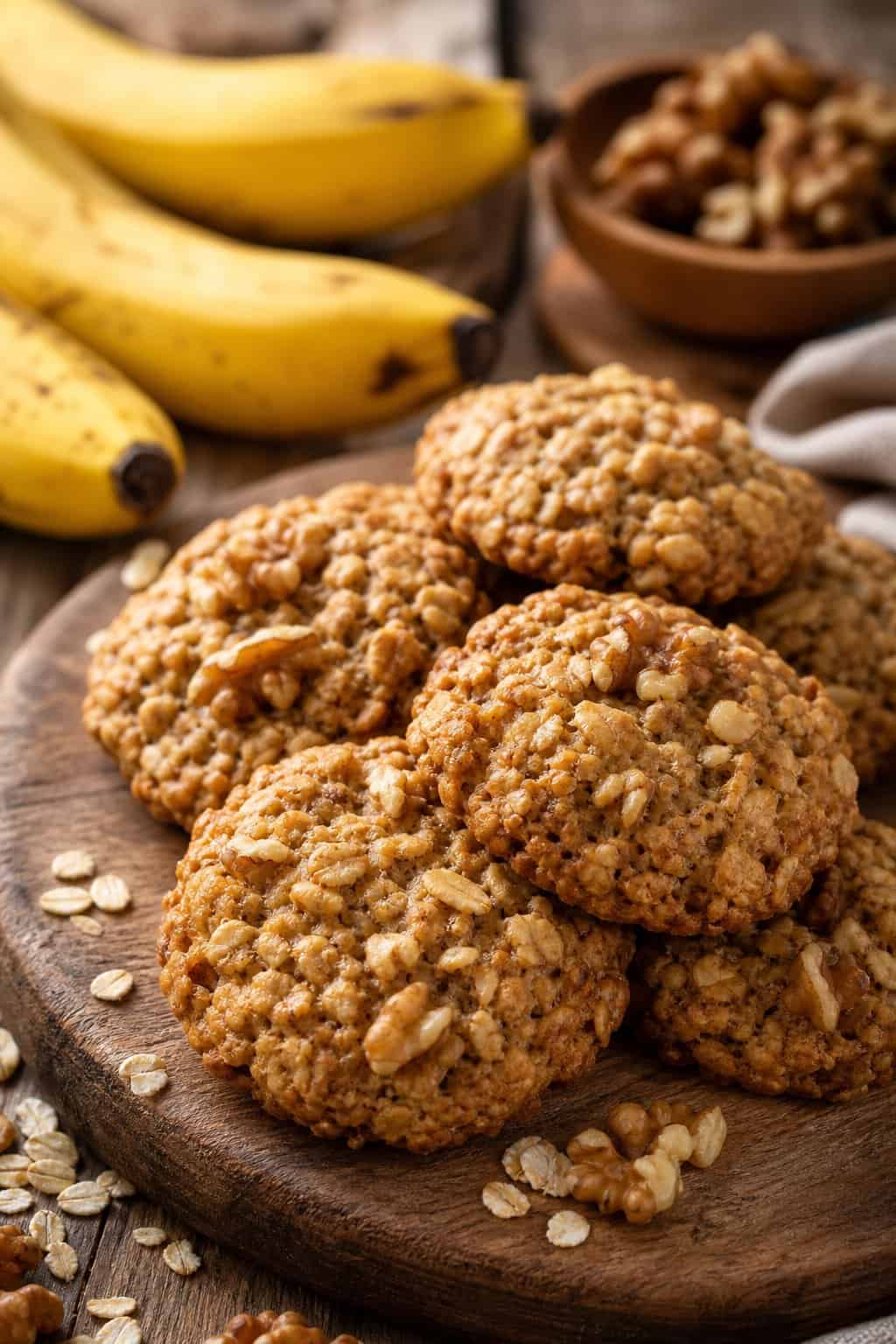 A plate of banana oatmeal breakfast cookies with walnuts on a wooden table, surrounded by bananas, walnuts, and oats.