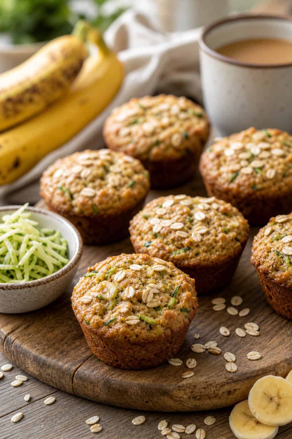 Freshly baked banana zucchini breakfast cookie muffins on a wooden table with bananas and shredded zucchini nearby.
