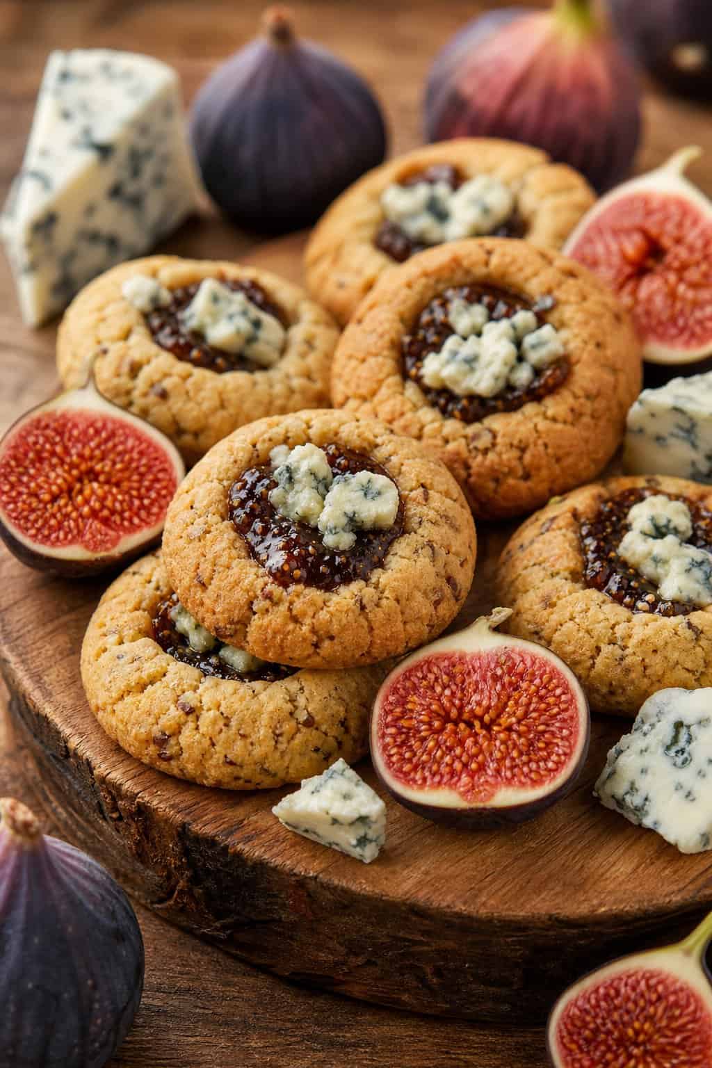 A wooden board with golden brown thumbprint cookies filled with blue cheese and fig jam, surrounded by fresh figs and blue cheese wedges.