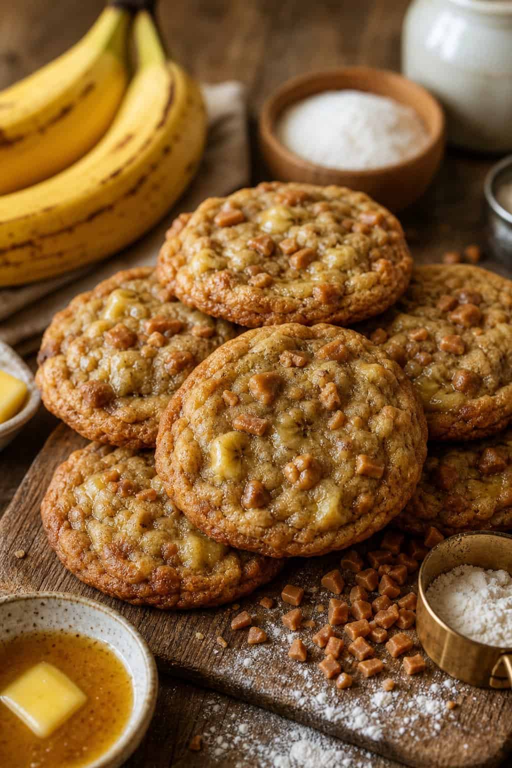 A plate of golden browned-butter banana toffee cookies with ripe bananas and toffee pieces on a wooden table.