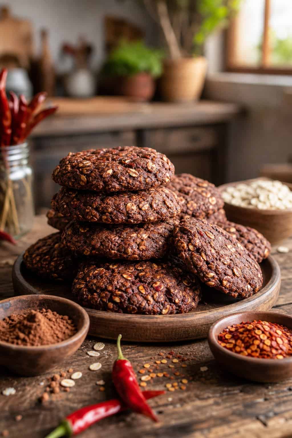 A stack of chili-cocoa oatmeal cookies on a wooden table with bowls of cocoa powder, chili flakes, and oats nearby.