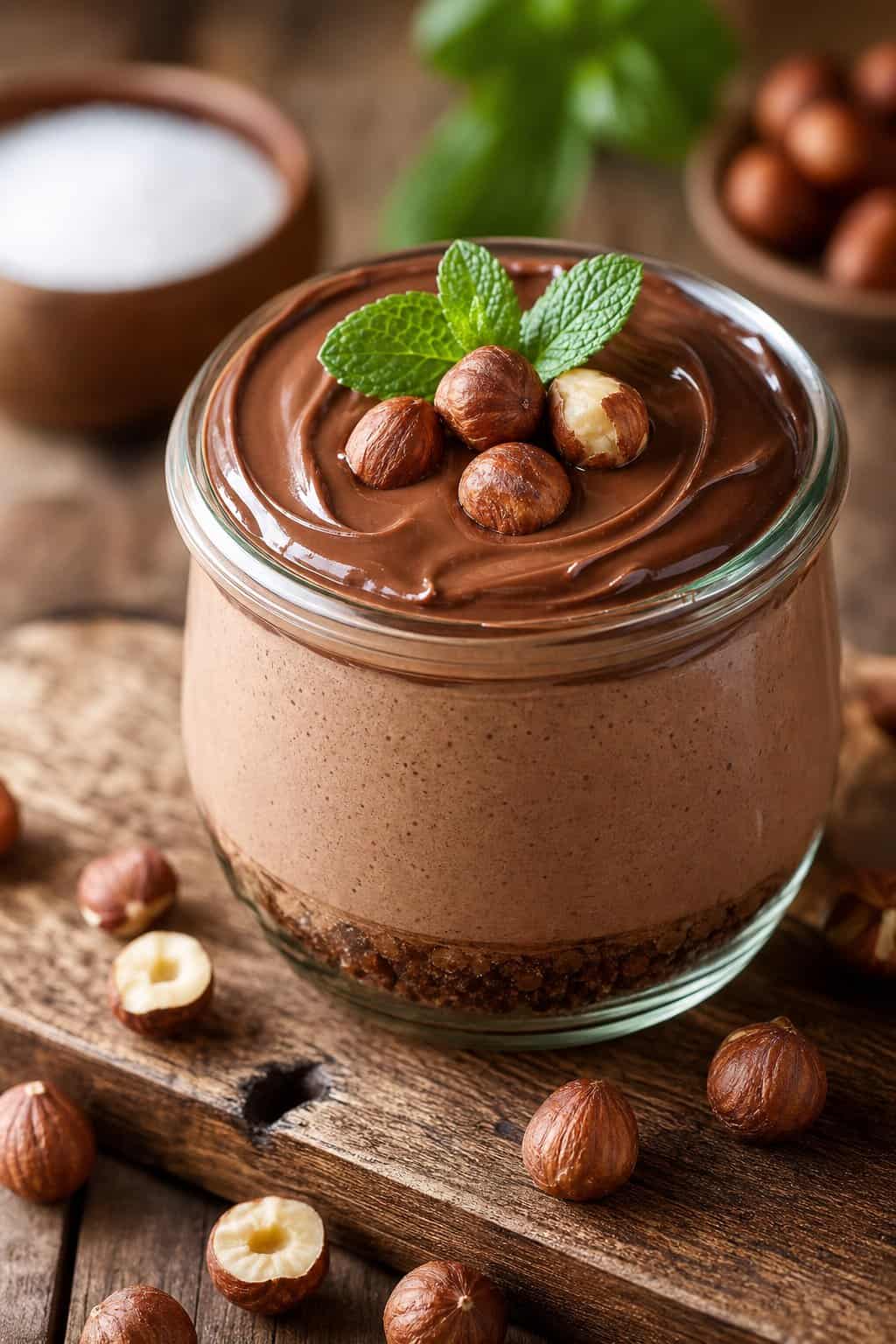 A glass jar filled with chocolate hazelnut keto cheesecake pudding topped with hazelnuts and a mint leaf on a wooden table.