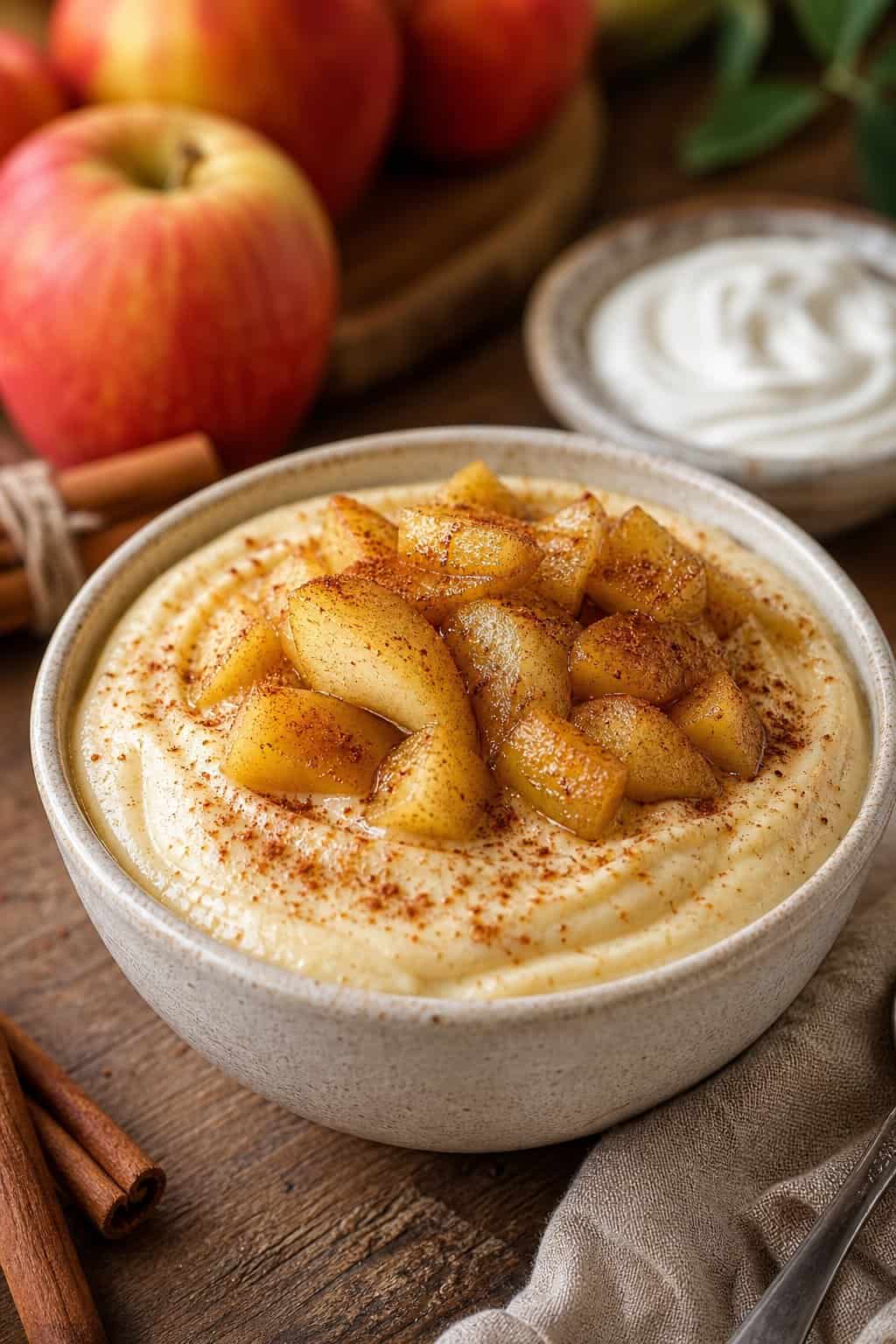 A bowl of cinnamon apple keto cheesecake pudding topped with stewed apple slices and a sprinkle of cinnamon on a wooden surface with cinnamon sticks and apples in the background.