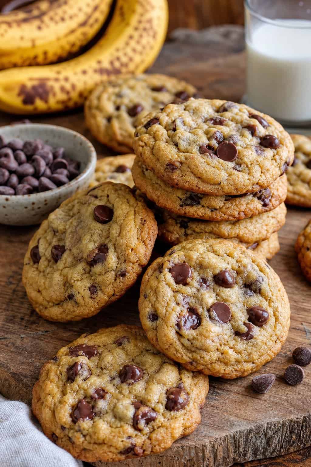 A wooden table with freshly baked banana chocolate chip cookies, ripe bananas, a bowl of chocolate chips, and a glass of milk.
